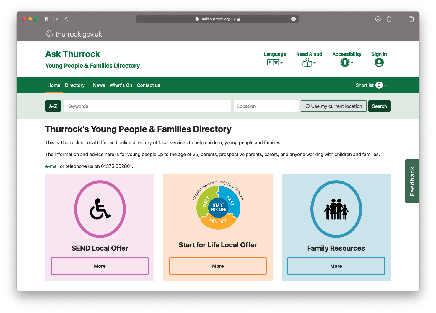 Thurrock’s Young People & Families Directory homepage